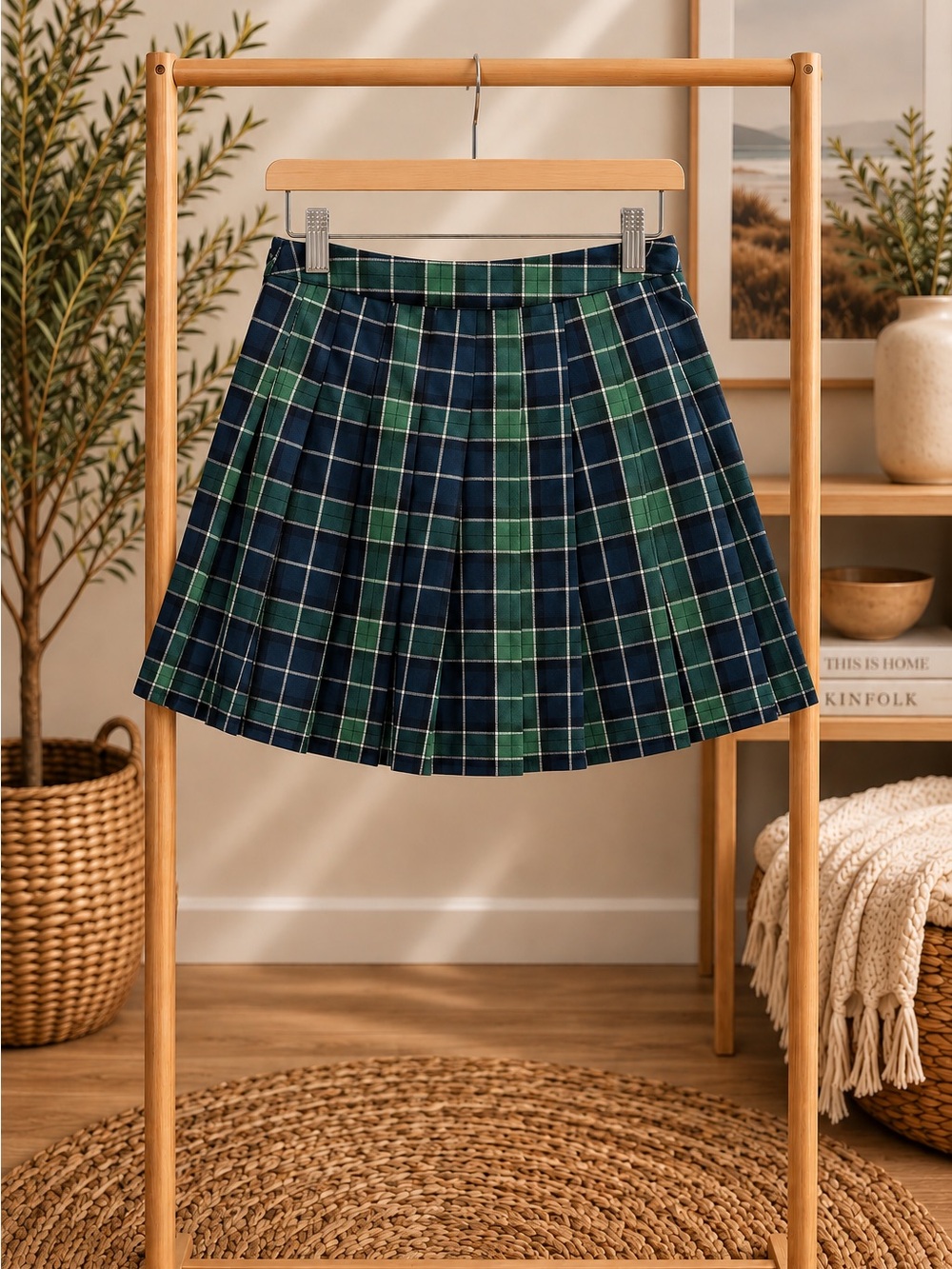 Faded Rose Pleated Tartan Mini Skirt - Green w Navy